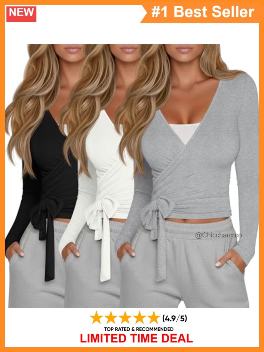 3 Pack Women's Pilates Wrap Tops Ballet Tie Long Sleeve Shirts
